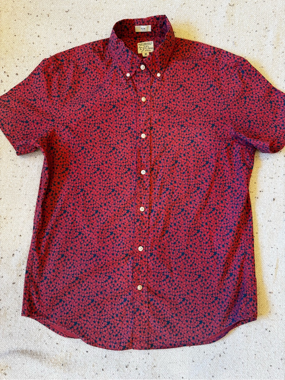 J. Crew Red Short-Sleeve Button-Down Shirt with Navy Floral Print